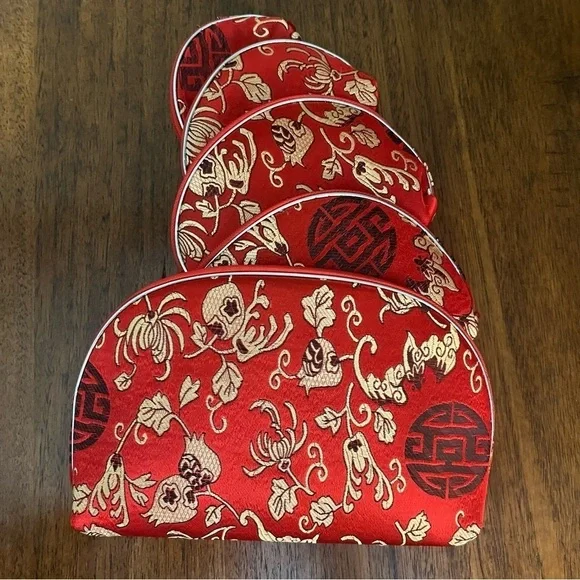 Red Faux Silk Floral Makeup
Bag Travel Clutch Asian Chinoiserie Set Of 5 NEW - Picture 3 of 11